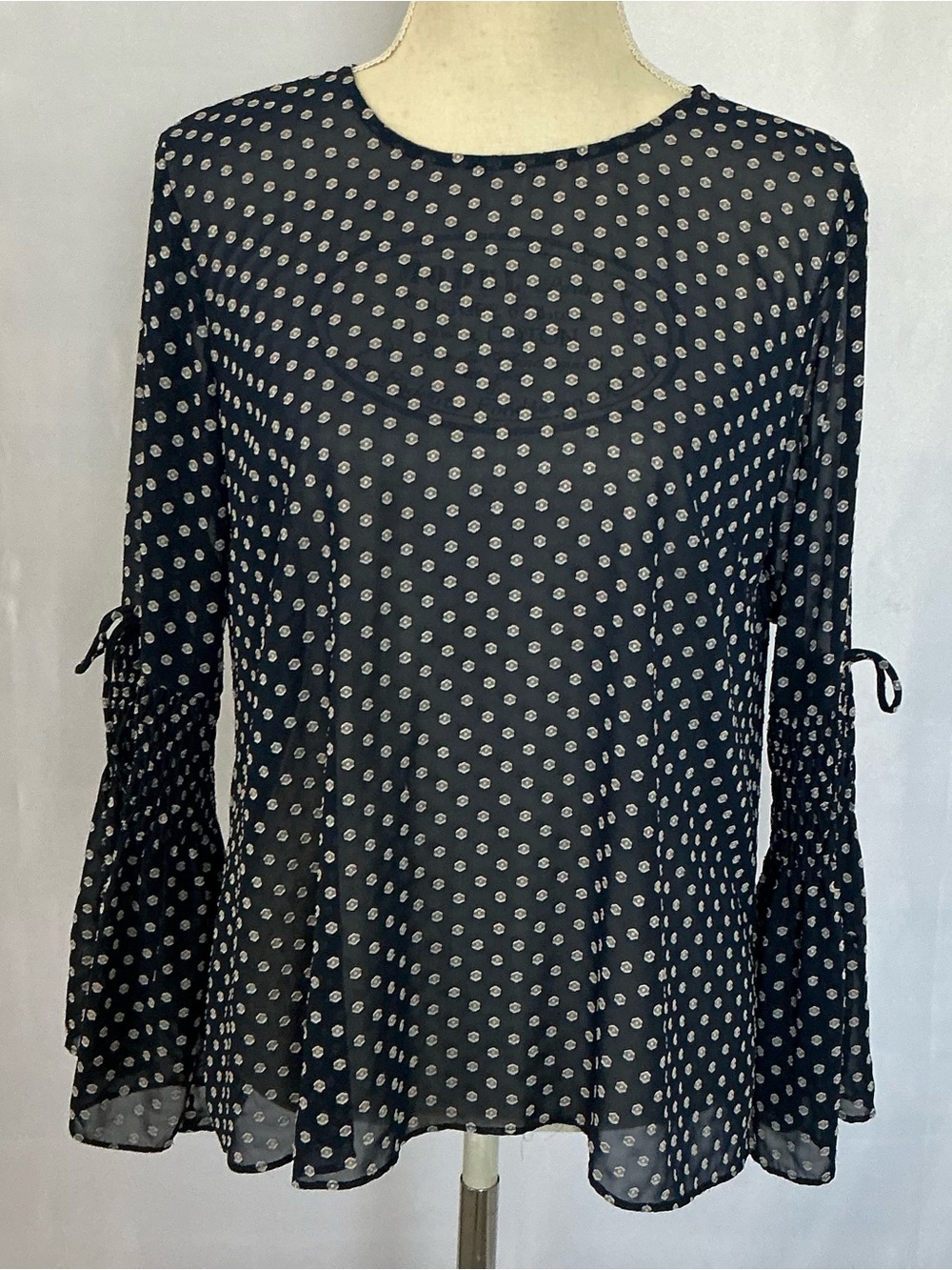Current Air Navy White Jacquard Tie Flare Sleeve Blouse Medium